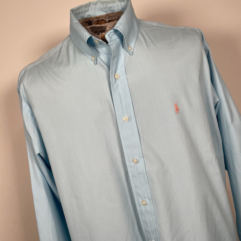 Ralph Lauren Men's Shirt Large Blue Blake Long Sleeve Button Up Pony 100% Cotton